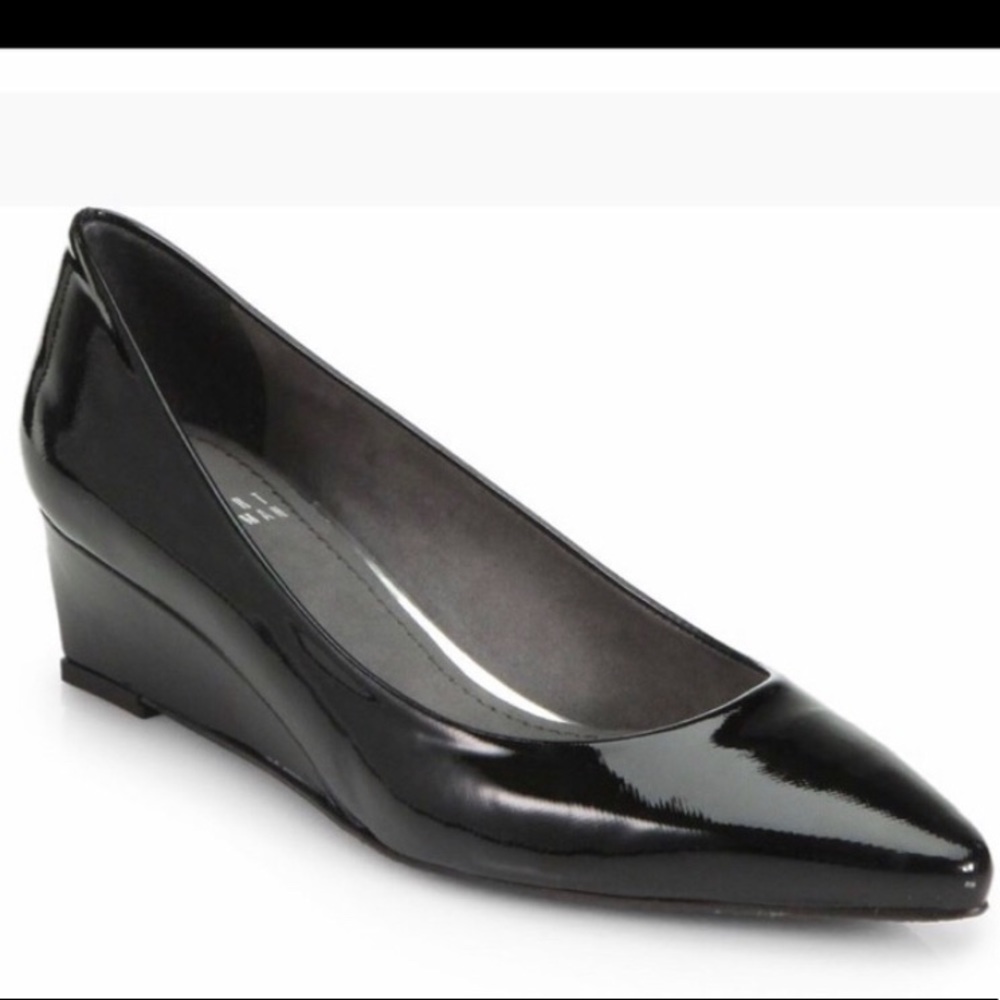 Stuart Weitzman Nuevo Saffiano Patent Wedge Pump